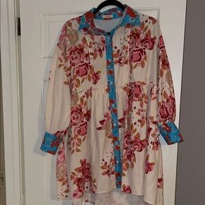 Floral Long Sleeve Dress with Blue Accents